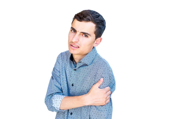 Young Arabic Guy Feeling Pain His Broken Shoulder — Foto de Stock