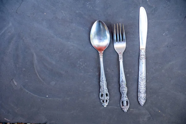 Kitchenware Spoon Knife Fork Black Gray Background — Foto de Stock