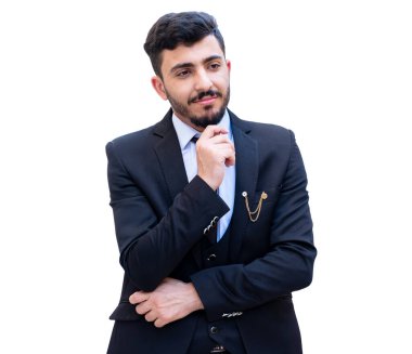 Takım elbiseli bir adam hayatının, işinin ve aşkının geleceğini düşünüyor.