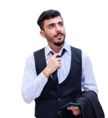 Takım elbiseli, yorgun ve gelecekte daha başarılı olmak isteyen bir adam.