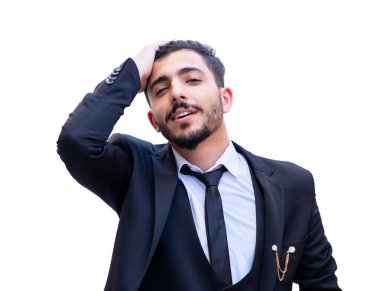 Takım elbiseli, yorgun ve gelecekte daha başarılı olmak isteyen bir adam.