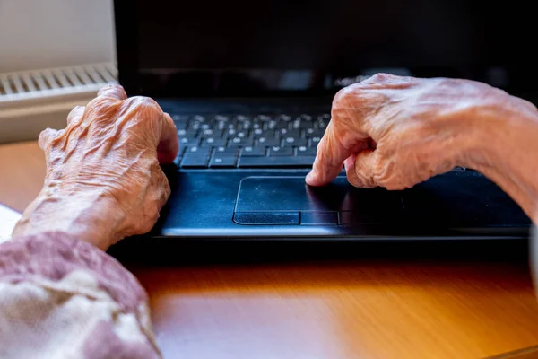 Old woman using laptop for working and communicating