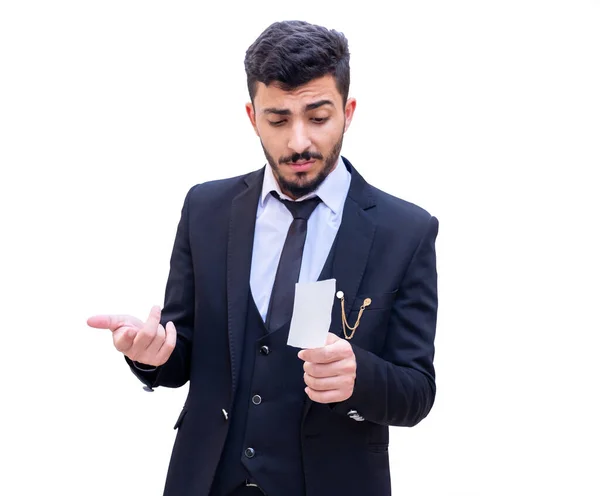 Arabic Man Wearing Suit Holding Invoice Checking Sum Items Bought — Stock Photo, Image