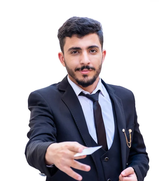 Арабский Бизнесмен Высокой Уверенностью Смотрит Клиента Предоставляя Ему Свою Визитную — стоковое фото