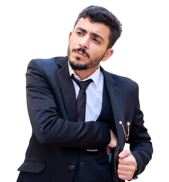 スーツのジャケットに隠されている何かを保持し それを表示しようとしているアラビア語のビジネスマン — ストック写真