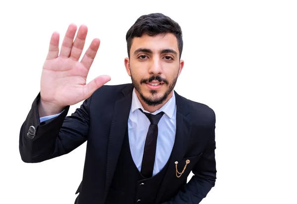 Arabischer Geschäftsmann Einem Live Stream Der Hallo Sagt Für Alle — Stockfoto