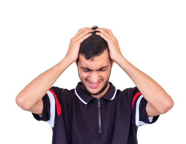 Arabische Jongen Heeft Hoofdpijn Drukt Zijn Hoofd Van Pijn — Stockfoto