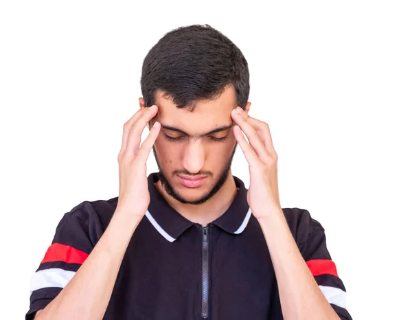 Arabische Jongen Heeft Hoofdpijn Drukt Zijn Hoofd Van Pijn — Stockfoto