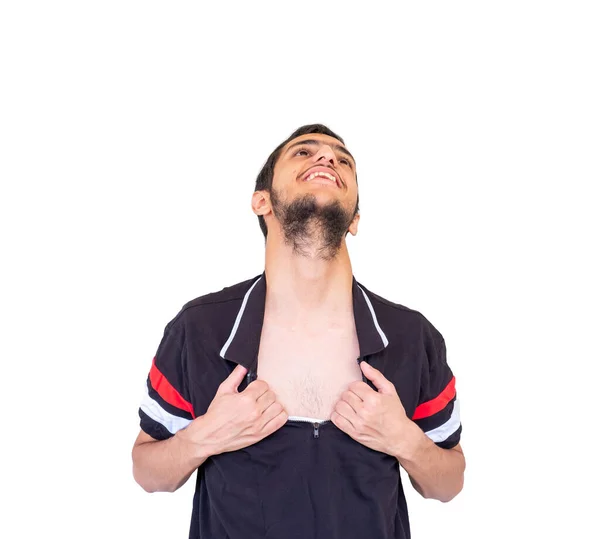 Guy Feeling Relieved Unbuttoning His Tshirt Hot — Stock Photo, Image