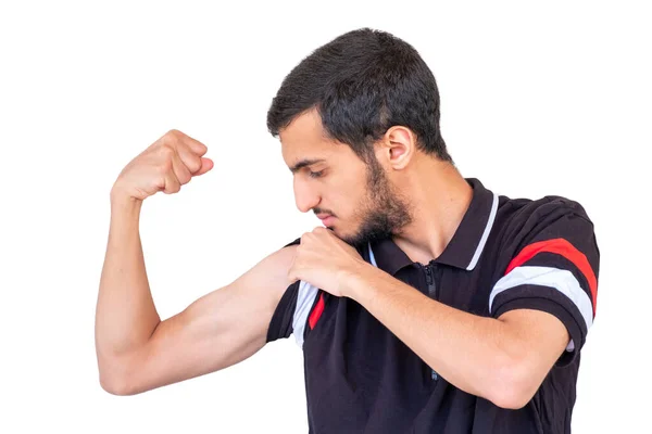 Arabo Ragazzo Controllando Sua Braccio Muscoli — Foto Stock