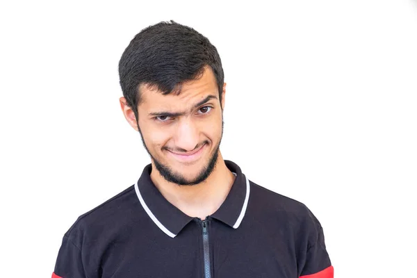 Arabic Guy Raising One His Eyebrows Smiling Evil Look — Stock Photo, Image
