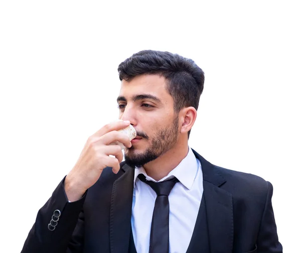 Uomo Arabo Vestito Con Mano Una Tazza Caffè Arabo — Foto Stock