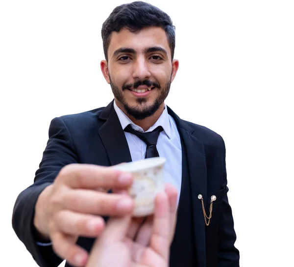 Homem Árabe Vestindo Terno Segurando Uma Xícara Café Árabe — Fotografia de Stock