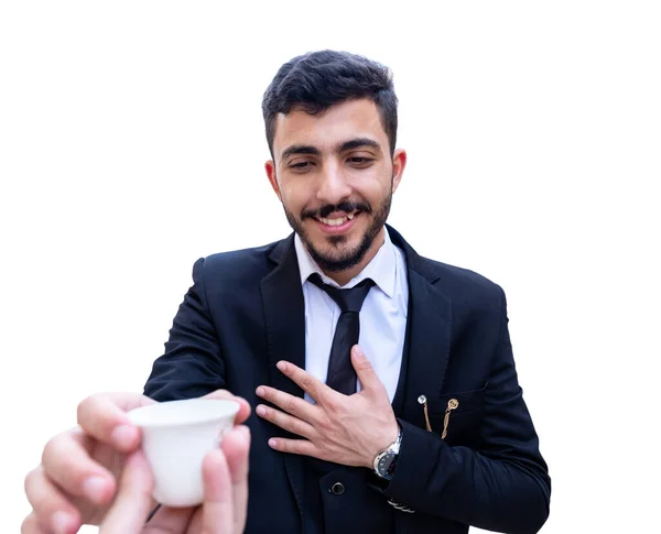 Hombre Árabe Usando Traje Sosteniendo Una Taza Café Árabe —  Fotos de Stock