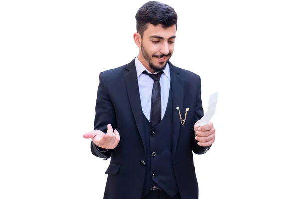 Hombre Árabe Vestido Traje Con Una Factura Comprobando Suma Los — Foto de Stock