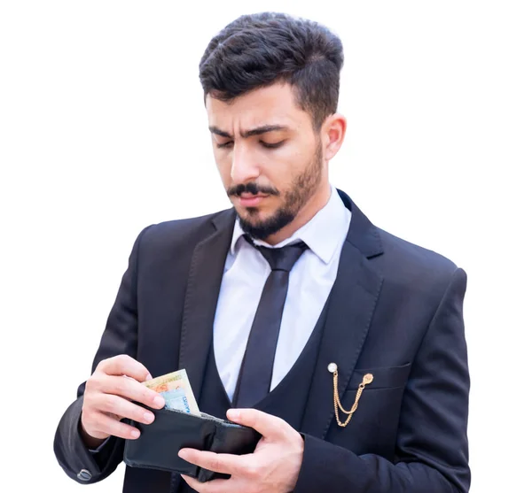 Árabe Homem Negócios Desfrutar Contagem Seu Dinheiro Enquanto Segurando Sua — Fotografia de Stock