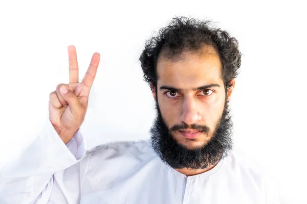 Arabic Muslim Man Making Peace Sign His Hand — Stock Photo, Image