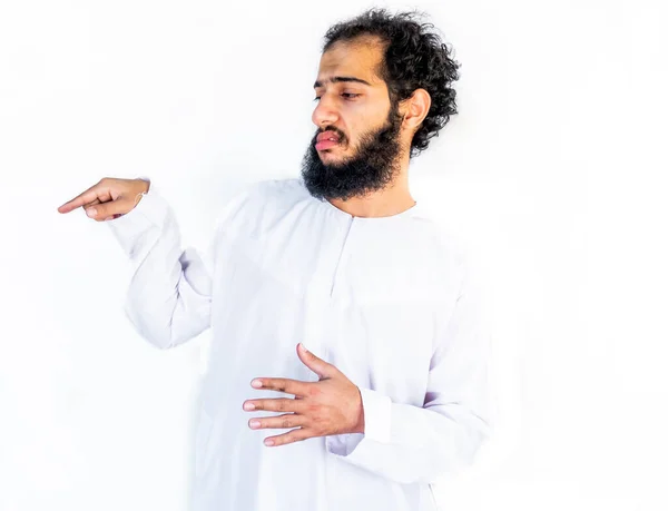 Muslim Arabic Man Angry Someone Pointing Hiom Angry Face — Stock Photo, Image