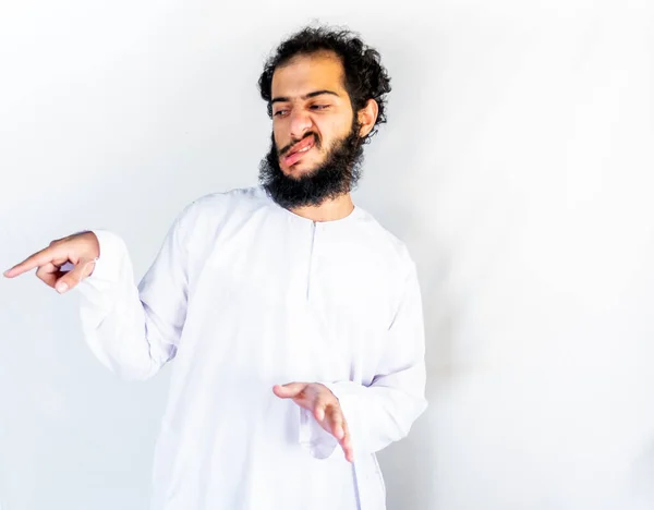 Muslim Arabic Man Angry Someone Pointing Hiom Angry Face — Stock Photo, Image