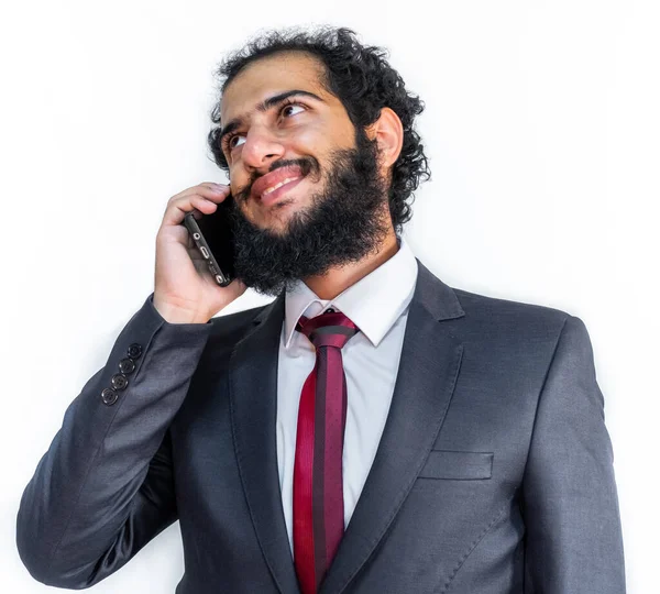 Hombre Musulmán Usando Esmoquin Hablando Por Teléfono —  Fotos de Stock