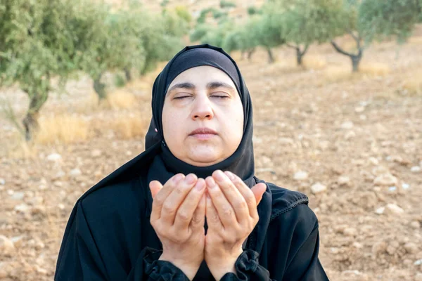 Muslim woman praying next to olive tree for god blessing