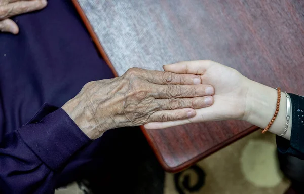 Old Lady Hands Young Hands — Stock Photo, Image