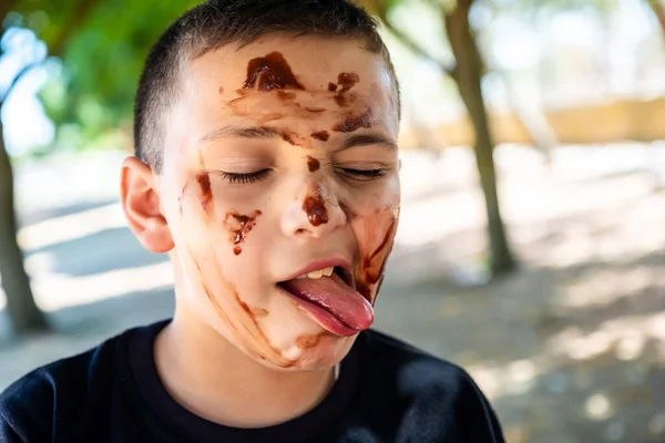 Feliz Niño Disfrutando Conseguir Sus Manos Cubiertas Chocolate —  Fotos de Stock
