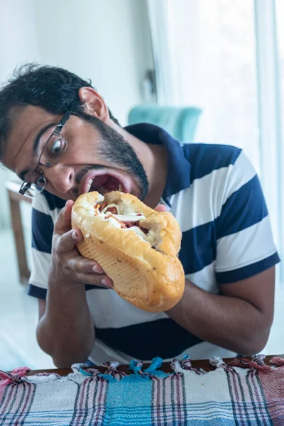 Homemade Salami Sandwich Cheese Man Happy Having Meal — Stock Photo, Image