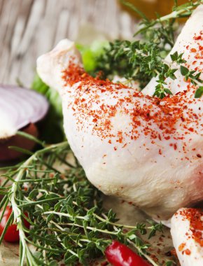 seçici odak otlar baharat malzemelerle çiğ tavuk