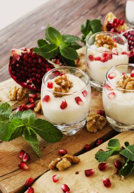 yoğurt tatlı ceviz ve nar seçici odak