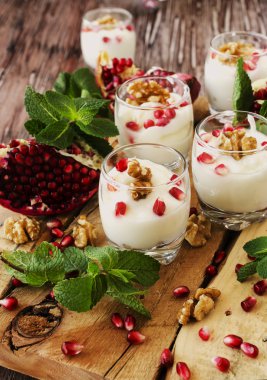 yoğurt tatlı ceviz ve nar seçici odak