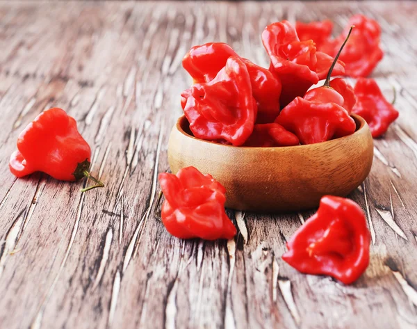 Červené chilli papričky podivné obrazce tabulka, selektivní zaměření — Stock fotografie