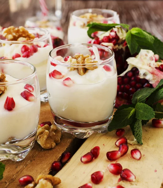 Sobremesa de iogurte com nozes e romã foco seletivo — Fotografia de Stock