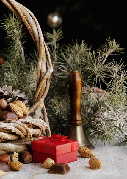 Christmas card with fir branches and decoration — Stock Photo, Image