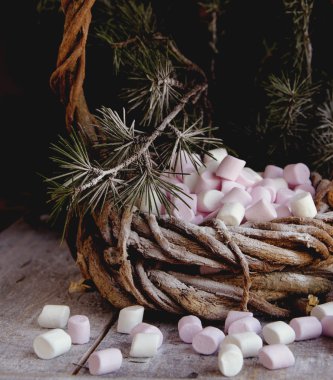 Noel kartı çam dalları ve dekorasyon