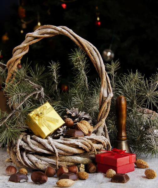 Christmas card with fir branches and decoration — Stock Photo, Image