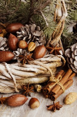 Noel kartı çam dalları ve dekorasyon