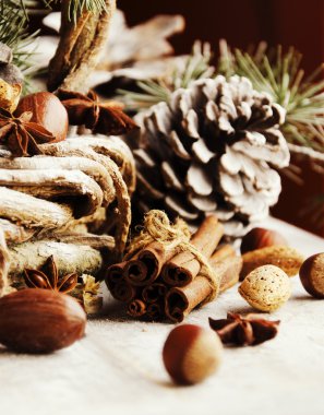 Noel kartı çam dalları ve dekorasyon