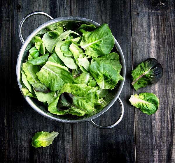 Pan with a green salad on wooden boards — Stock Photo, Image
