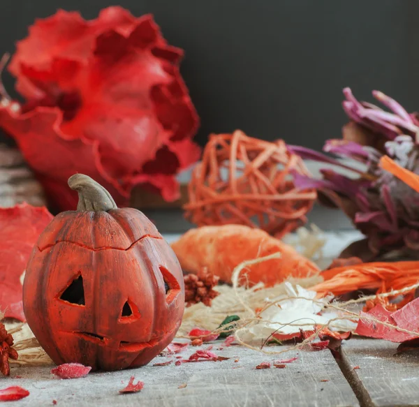 Pumpa på en bakgrund av torra växter och ljus — Stockfoto