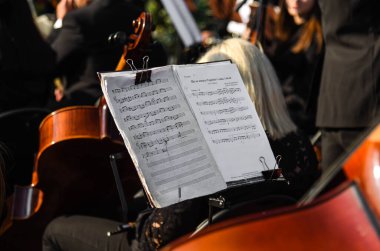 POLTAVA, UKRAINE - 23 Ağustos 2021: Müzisyenler için müzik standı üzerine notalar