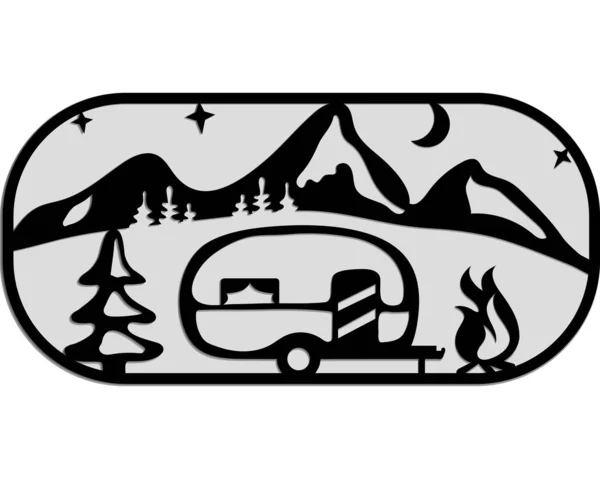 Camper Silueti Gezici Dinlenme Kamp Dağlar Ağaç Şenlik Ateşi Yıldızlar Telifsiz Stok Vektörler