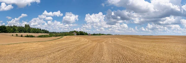 Malerisches Stoppelfeld Mit Wolkenlandschaft Und Weit Entfernter Scheune Sonnigen Sommer lizenzfreie Stockfotos