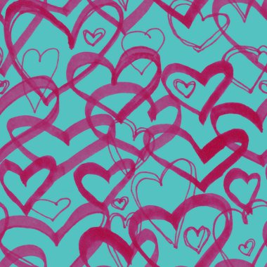Mavi arka planda kusursuz koyu pembe eller çizilmiş kalpler.