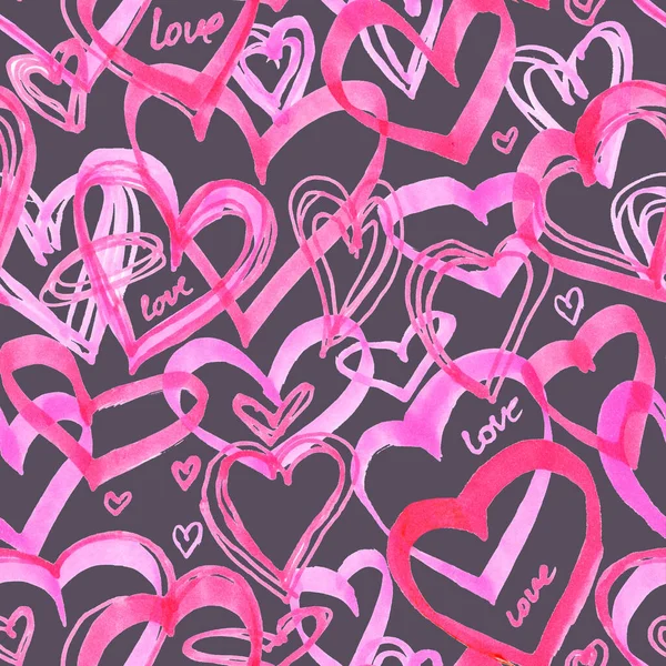 Pink seamless hand drawn hearts on dark grey background