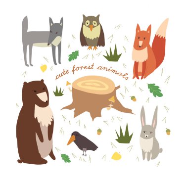 6 Komik Orman Hayvanı. Vektördeki Çocuklar İçin Çizgi Film Çizimi