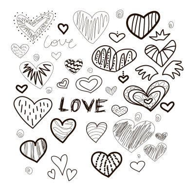 Çeşitli farklı komik kalpler. El çizimi vektör çizimi. Siyah çizgi. Sevgi anlayışın çok hoş..