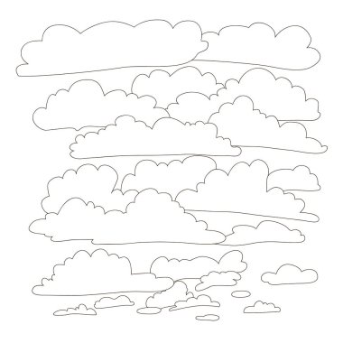 Gökyüzünde çizgi film bulutları. El çizimi vektör çizimi. Siyah çizgi. Zevk için tatlı dil dökme. 