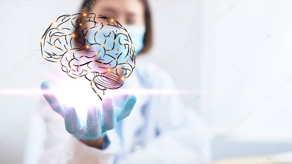 The professional physician opens his hand and has a brain icon with sparkling light. Medical concept of neurology. Modern diagnosis innovation and treatment of diseases.