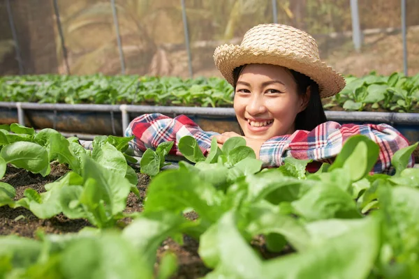 Hermosa Agricultora Asiática Que Lleva Sombrero Mimbre Está Cuidando Verduras —  Fotos de Stock